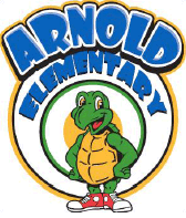 Terrapin wearing red sneakers proudly standing in front of Arnold Elementary text 